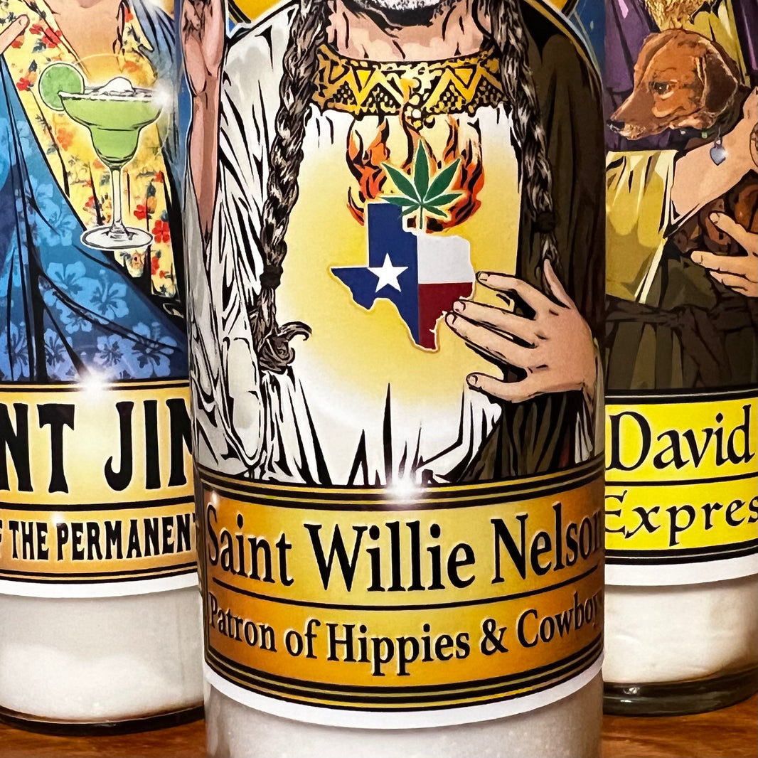 image Saint Willie Patron of Hippies & Cowboys Candle Cleaverandblade.com