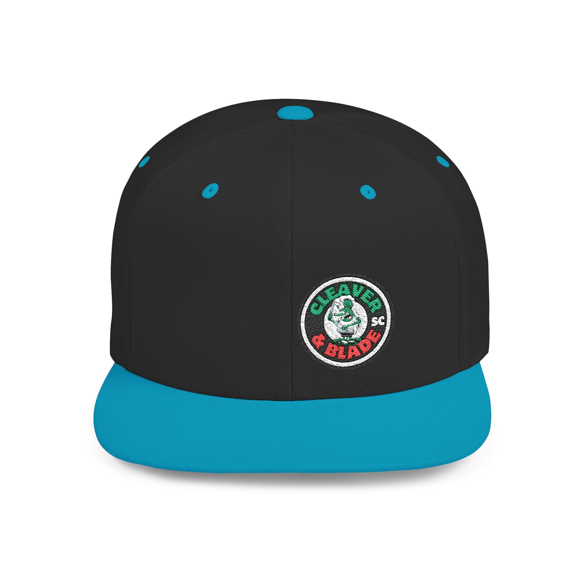Flat Bill Snapback Hat — Classic White Snapback with Circular Green & Red Logo