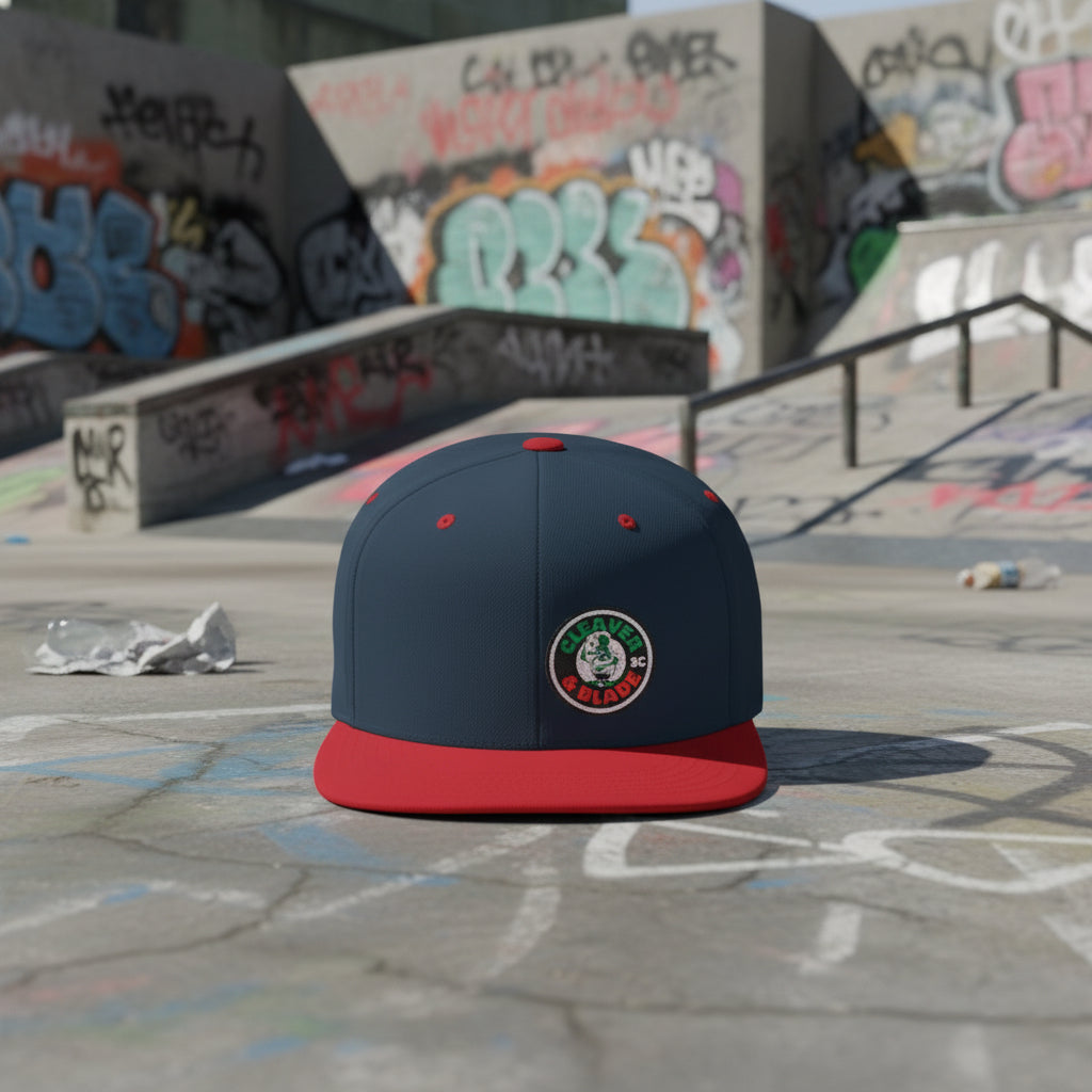 Flat Bill Snapback Hat — Classic White Snapback with Circular Green & Red Logo