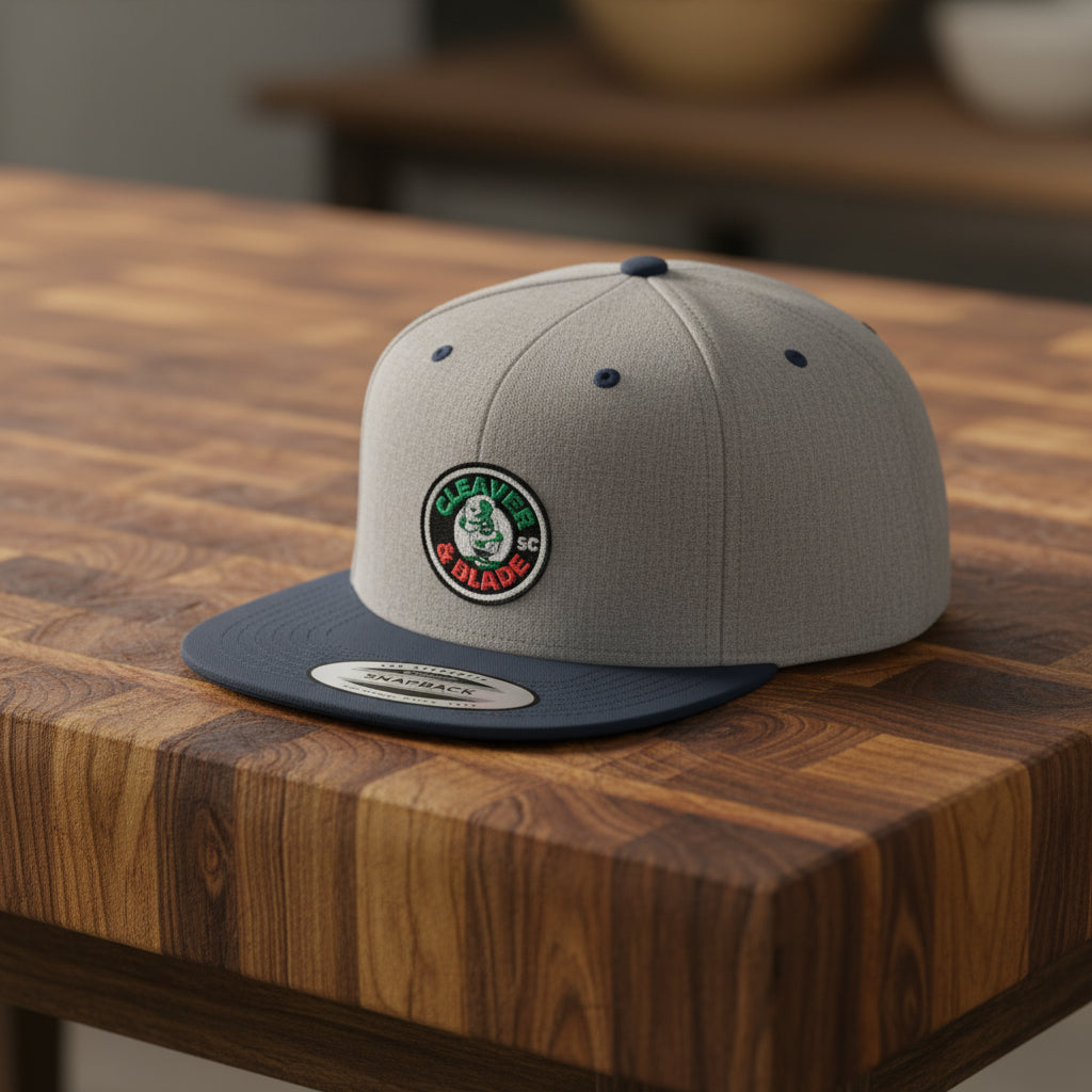 Flat Bill Snapback Hat — Classic White Snapback with Circular Green & Red Logo