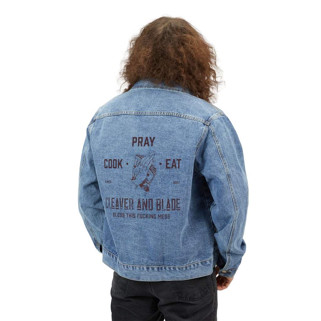 Men's Denim Jacket — Rustic 'Pray Cook Eat' Cleaver & Blade Graphic Trucker Jacket
