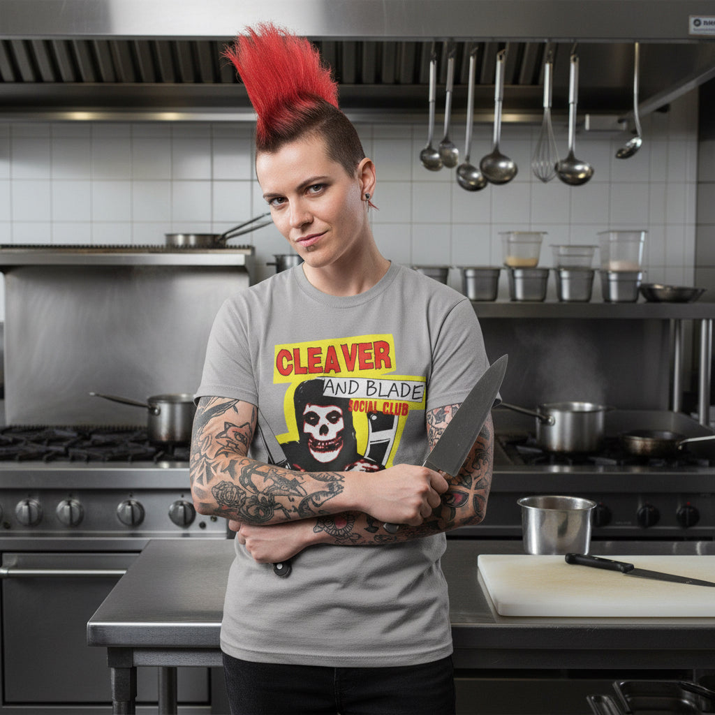 Cleaver and Blade Graphic Tee — Retro Grim Reaper Knife Club Shirt