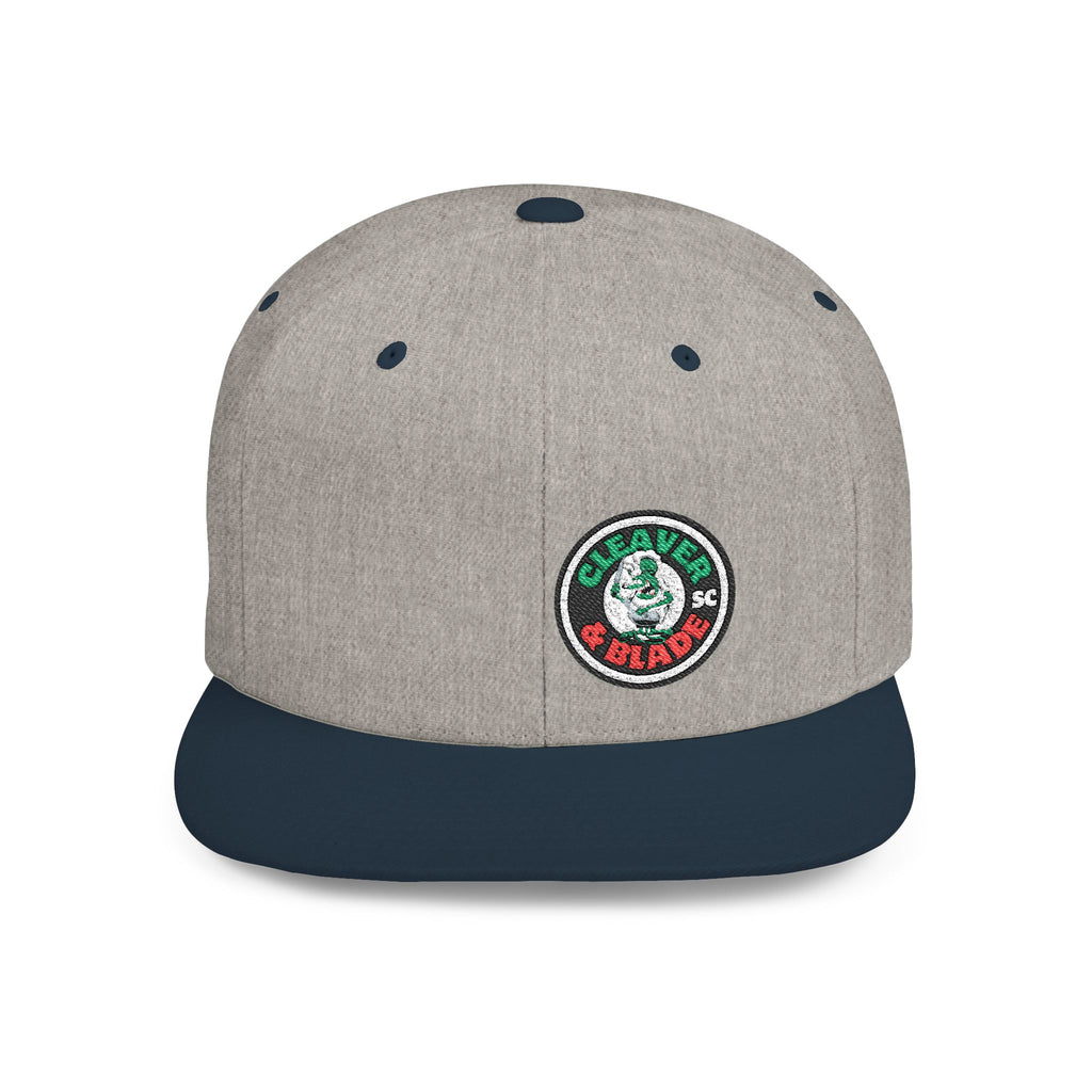 Flat Bill Snapback Hat — Classic White Snapback with Circular Green & Red Logo