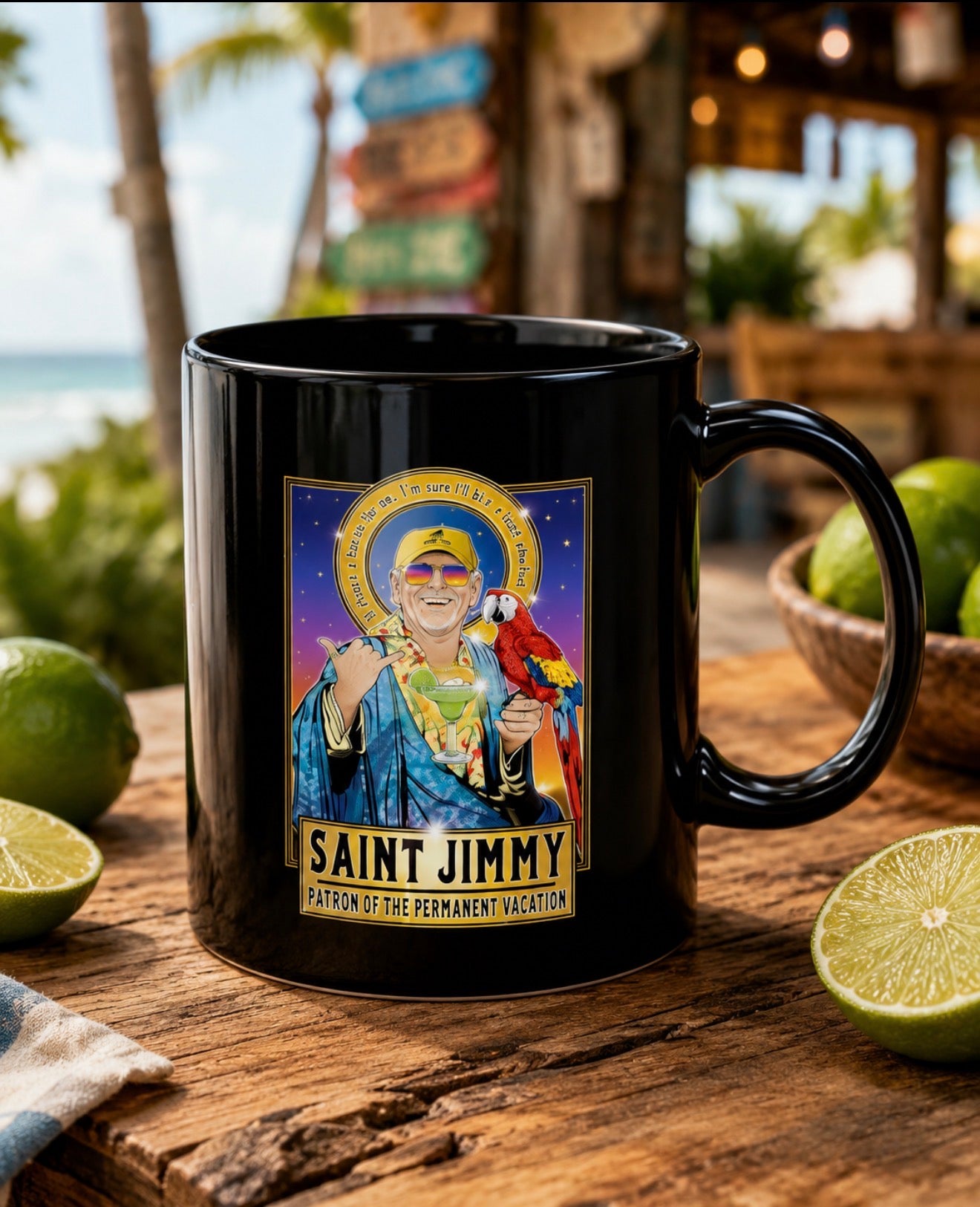 Saint Jimmy Black Mug – Retro Parrot Pilgrim Design (11oz/15oz)