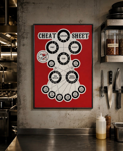 Red and black kitchen measurement conversion chart poster showing gallon, quart, pint, cup, tablespoon and teaspoon conversions, framed on a commercial kitchen wall