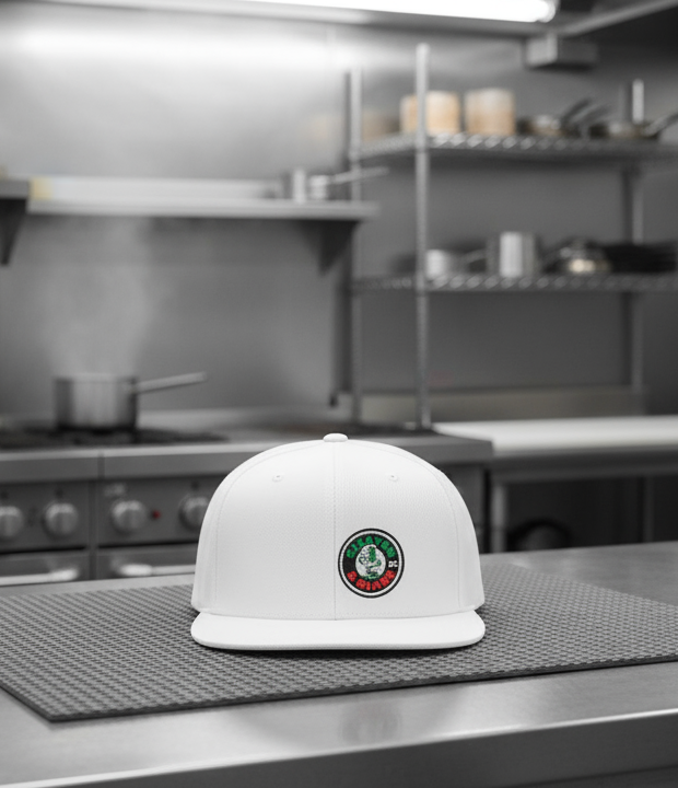 Flat Bill Snapback Hat — Classic White Snapback with Circular Green & Red Logo