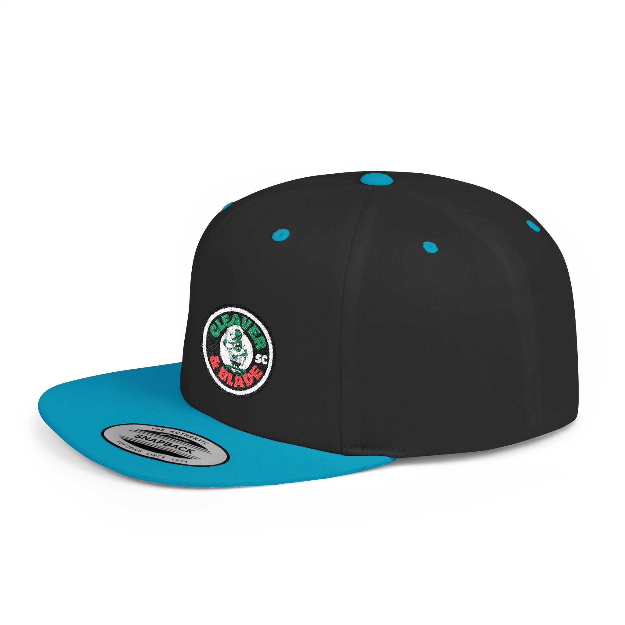 Flat Bill Snapback Hat — Classic White Snapback with Circular Green & Red Logo