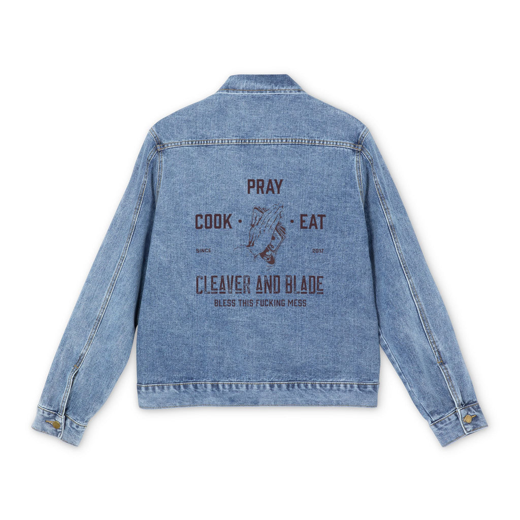 Men's Denim Jacket — Rustic 'Pray Cook Eat' Cleaver & Blade Graphic Trucker Jacket