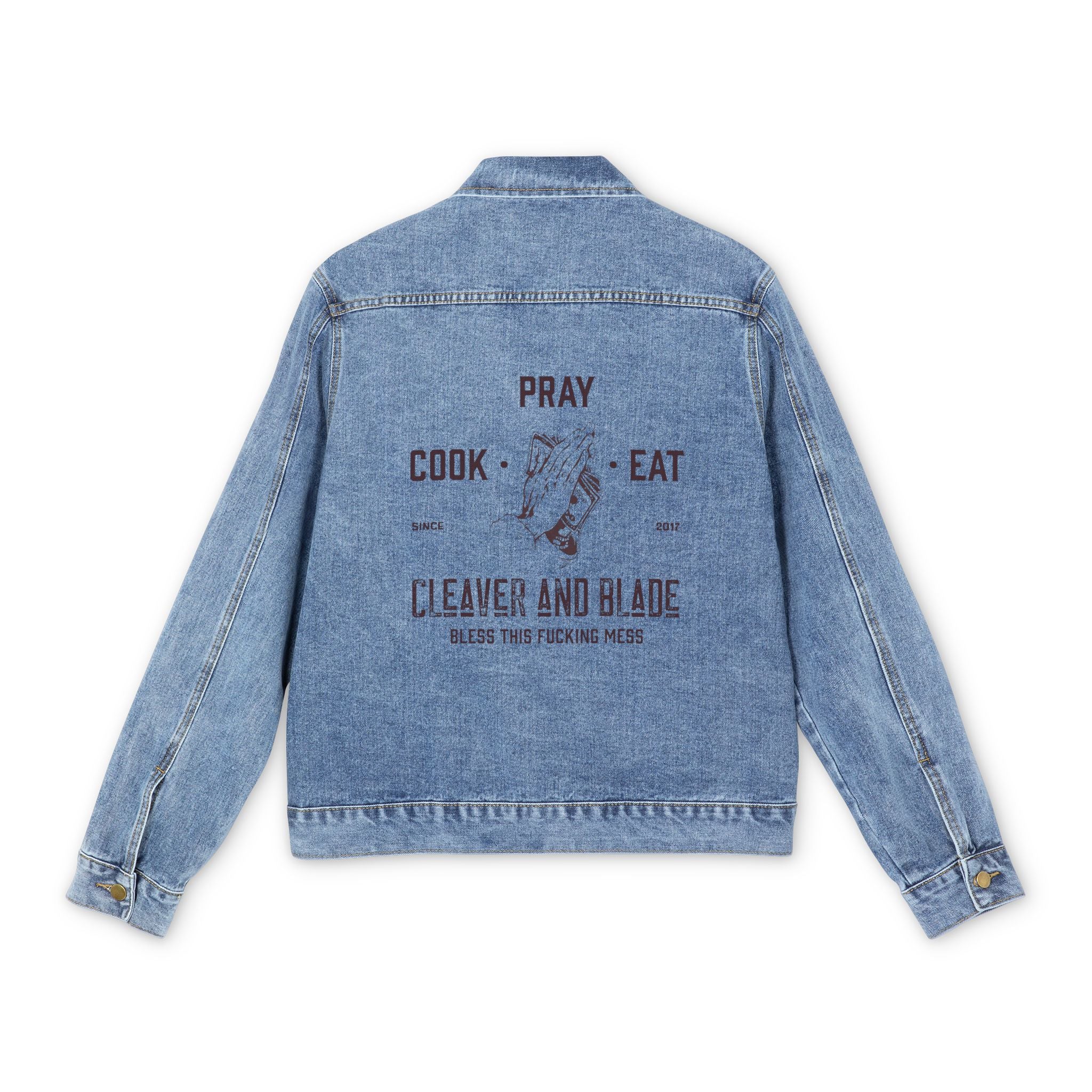 Men's Denim Jacket — Rustic 'Pray Cook Eat' Cleaver & Blade Graphic Trucker Jacket