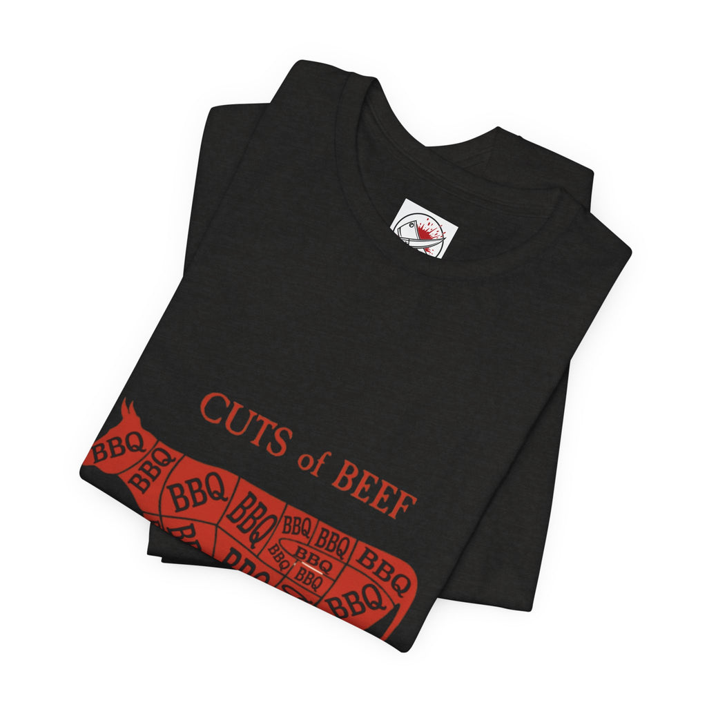 BBQ Butcher Cut Cow T‑Shirt — Vintage Barbecue Meat Diagram Tee