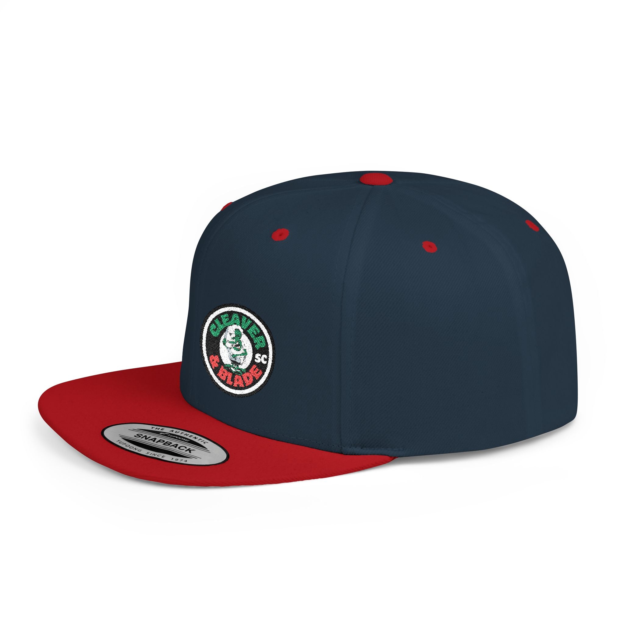 Flat Bill Snapback Hat — Classic White Snapback with Circular Green & Red Logo