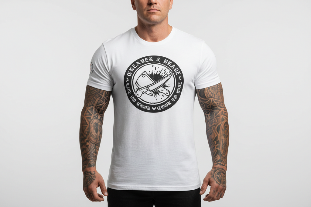 Veteran & Blade Crew T-Shirt – 'Leather & Blade' Retro Military Knife Badge Tee