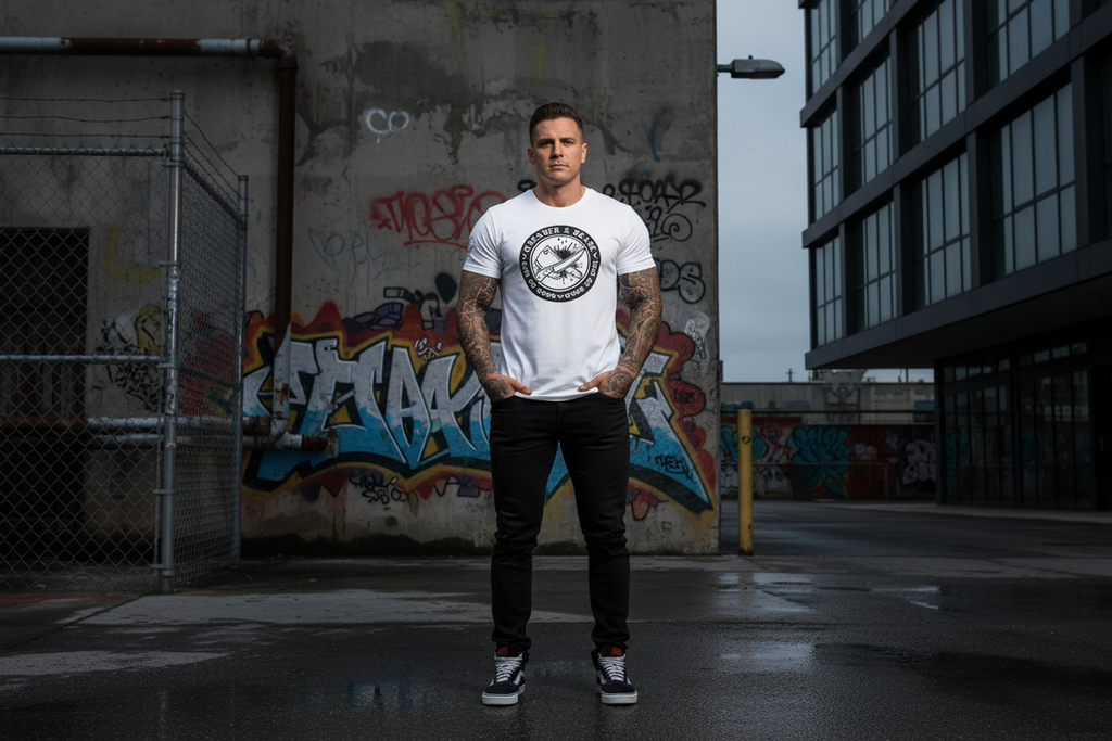 Veteran & Blade Crew T-Shirt – 'Leather & Blade' Retro Military Knife Badge Tee