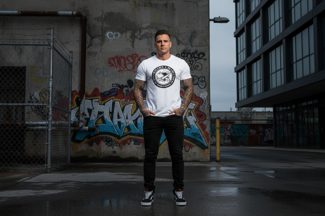 Veteran & Blade Crew T-Shirt – 'Leather & Blade' Retro Military Knife Badge Tee