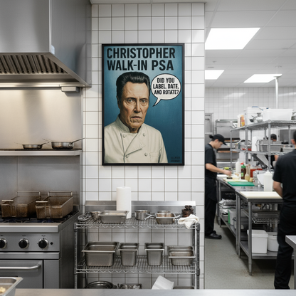 Christopher Walken Satire Poster – 'Christopher Walk-in' – Date Label & Rotate Reminder
