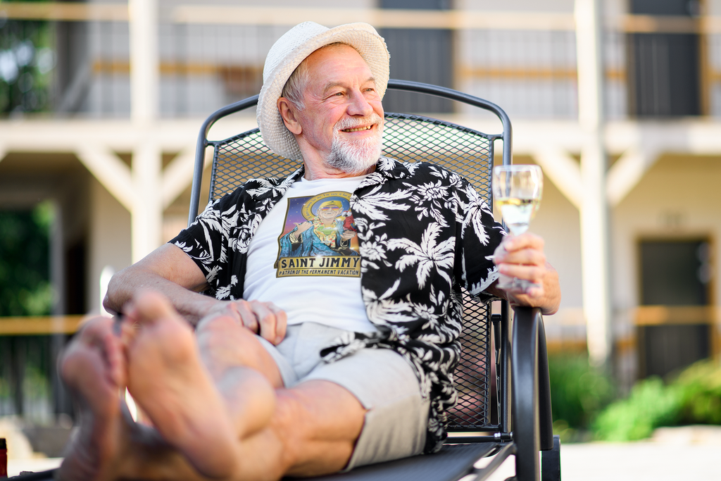 Saint Jimmy 🌴 Patron of the Permanent Vacation Shirt Cleaverandblade.com