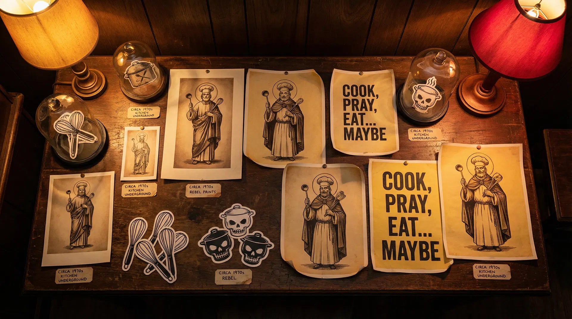 Collection of posters and stickers on a wooden surface with lamps on either side.