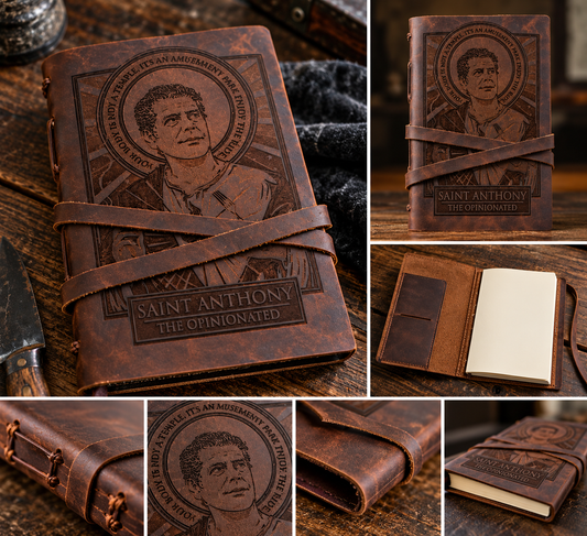 Stylized Saint Anthony The Opinionated leather journal collage showing engraved cover, wrap closure, and illustrative detail views